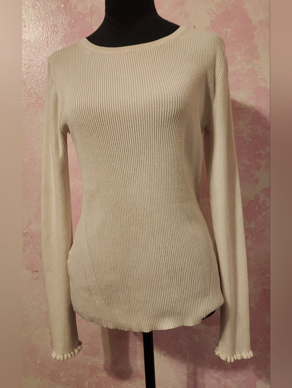Ann Taylor Cream Ribbed Long Sleeve Top